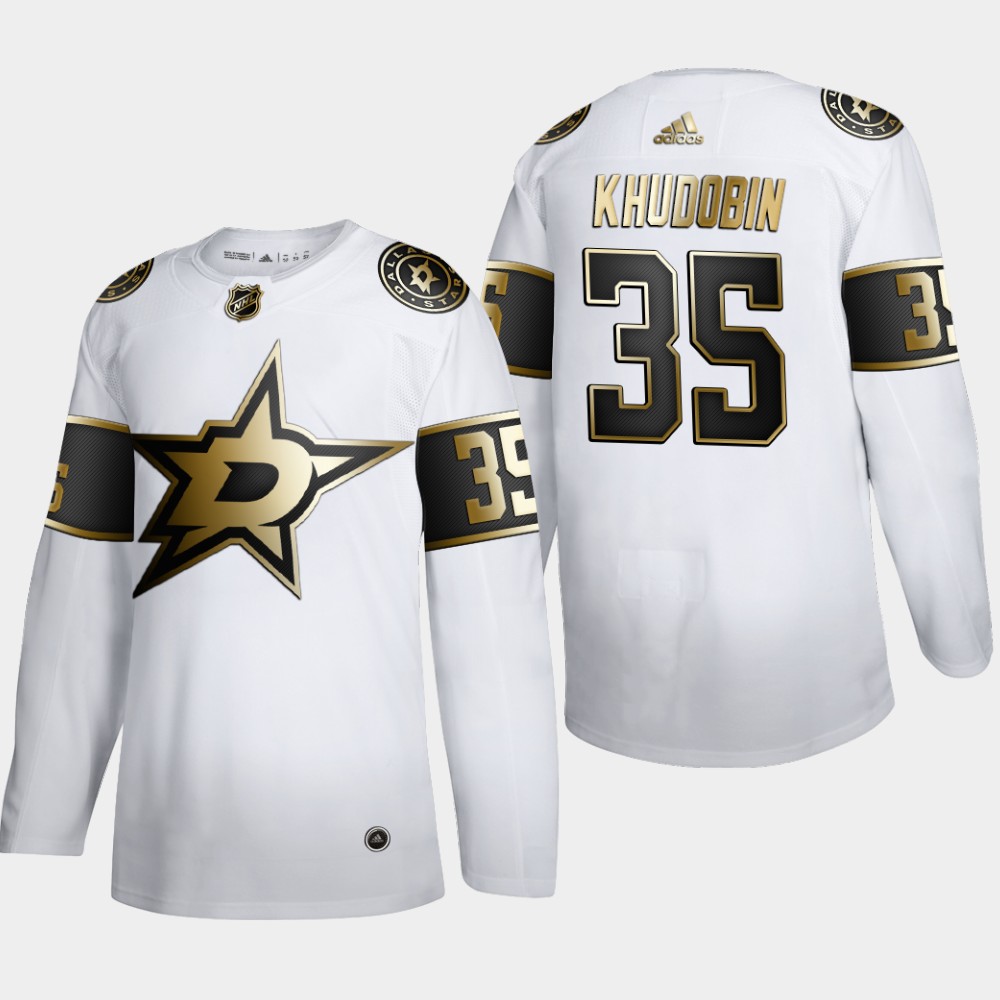 Dallas Stars 35 Anton Khudobin Men Adidas White Golden Edition Limited Stitched NHL Jersey